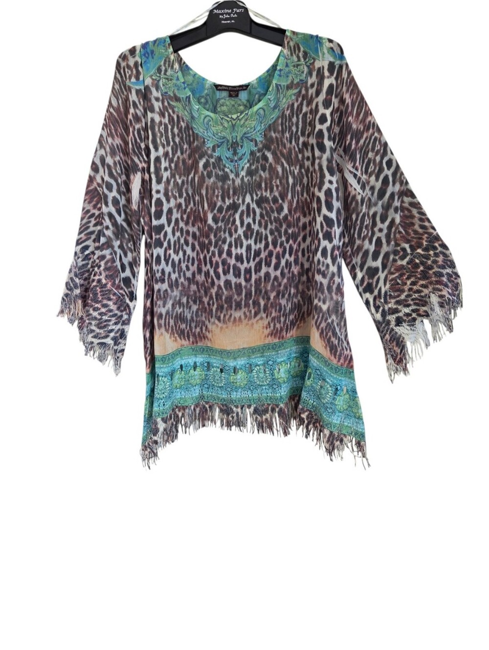 Mushka by Sienna Rose Boho Tunic Top Fringe Animal Print Chiffon XL
